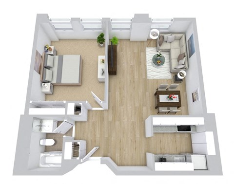 Floor plan for 1 bed, 1 bath, 725 sqft